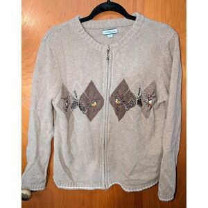 Croft and Barrow Women's Zip LS Vintage Beige Sweater 1990s Embroidered Med Bird
